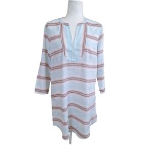IZOD Women's Blue White Striped Linen Botton Blend Swim Dress Swim Cover Large